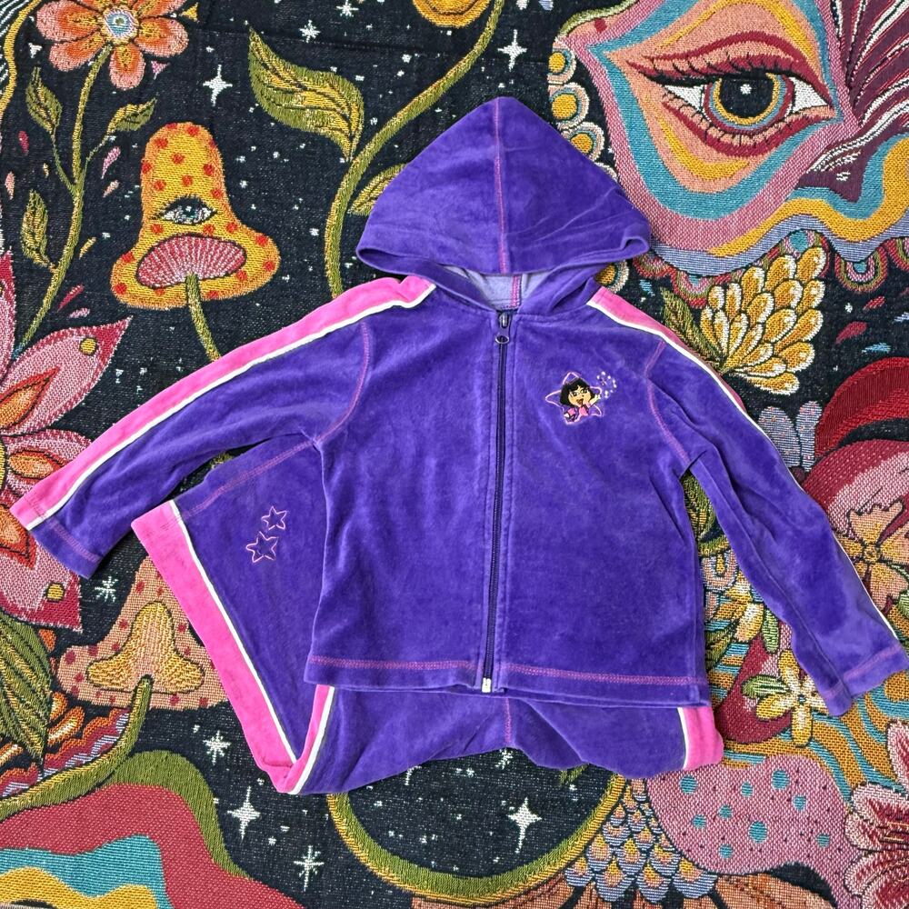 Y2k Nick Jr Dora Explorer Velour Embroidered Tracksuit Full Zip Hoodie Pants 4T